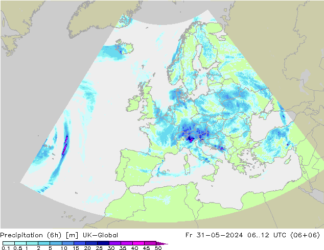 Totale neerslag (6h) UK-Global vr 31.05.2024 12 UTC