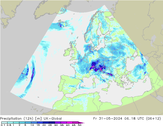 Precipitation (12h) UK-Global Fr 31.05.2024 18 UTC