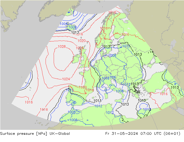 Pressione al suolo UK-Global ven 31.05.2024 07 UTC