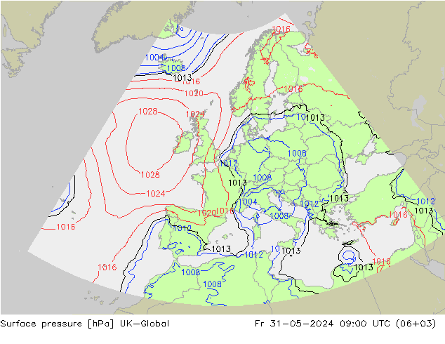 Pressione al suolo UK-Global ven 31.05.2024 09 UTC