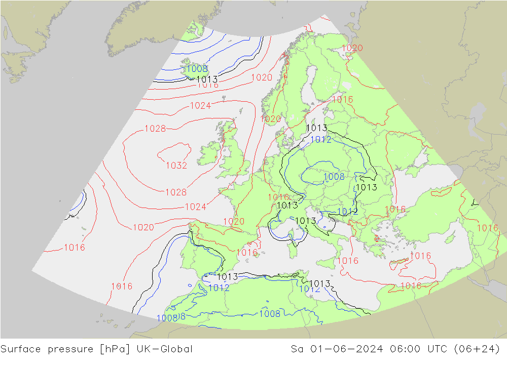 地面气压 UK-Global 星期六 01.06.2024 06 UTC