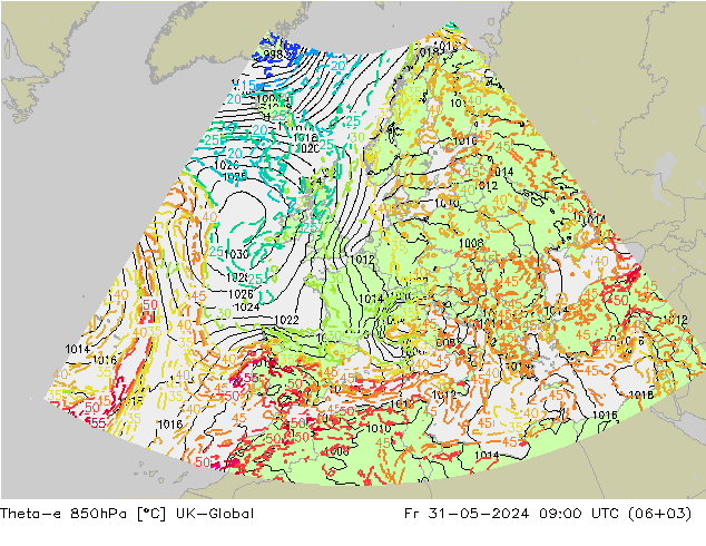 Theta-e 850hPa UK-Global vie 31.05.2024 09 UTC