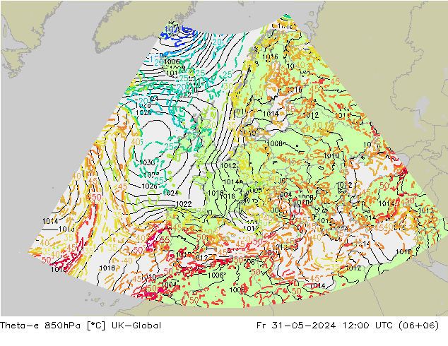 Theta-e 850hPa UK-Global Fr 31.05.2024 12 UTC