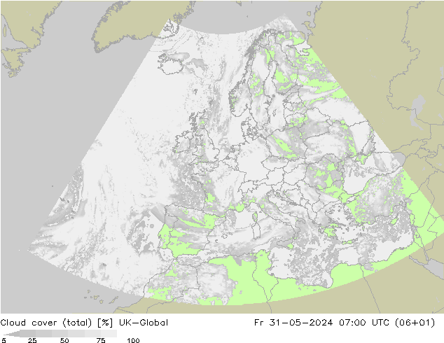 Cloud cover (total) UK-Global Fr 31.05.2024 07 UTC