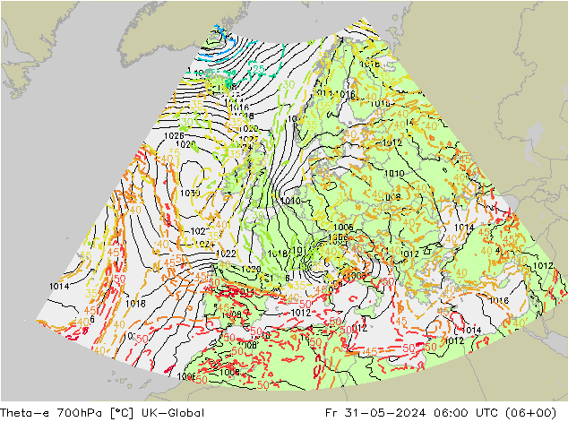 Theta-e 700hPa UK-Global Cu 31.05.2024 06 UTC