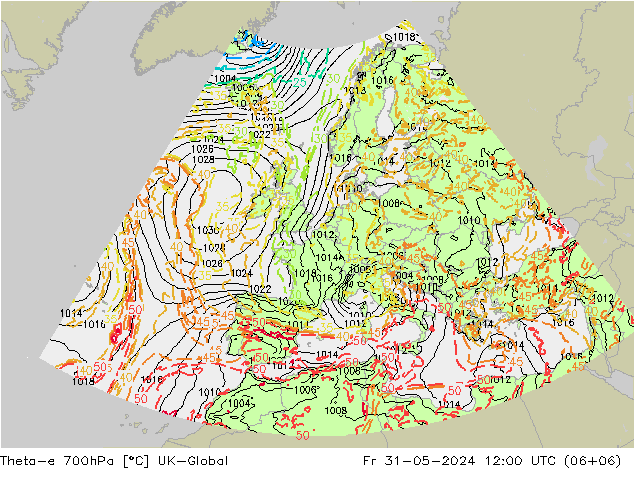 Theta-e 700hPa UK-Global Cu 31.05.2024 12 UTC