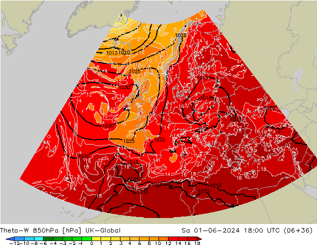 Theta-W 850hPa UK-Global Sáb 01.06.2024 18 UTC