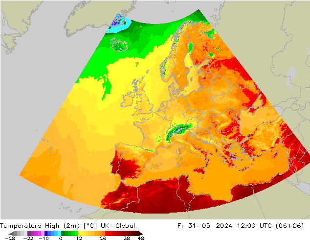 Nejvyšší teplota (2m) UK-Global Pá 31.05.2024 12 UTC