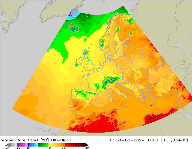 Temperature (2m) UK-Global Fr 31.05.2024 07 UTC