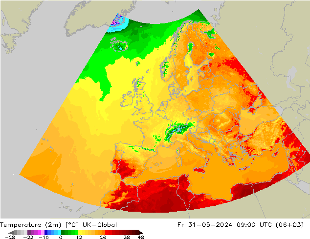Temperature (2m) UK-Global Fr 31.05.2024 09 UTC