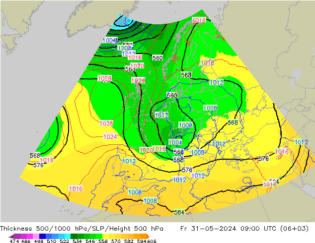 Schichtdicke 500-1000 hPa UK-Global Fr 31.05.2024 09 UTC