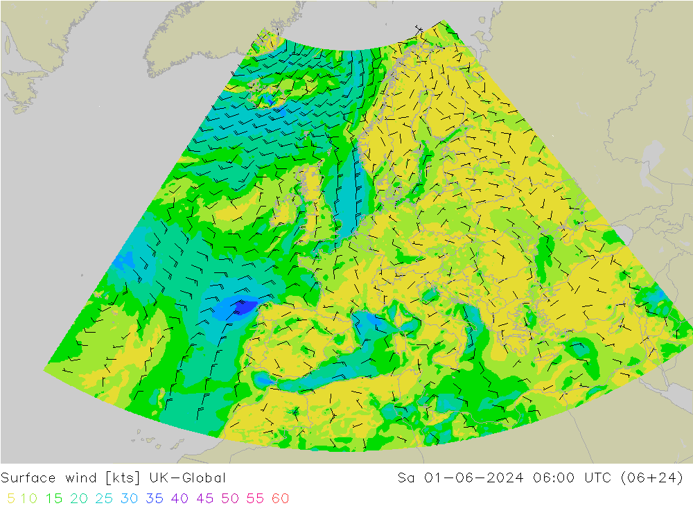 Surface wind UK-Global So 01.06.2024 06 UTC