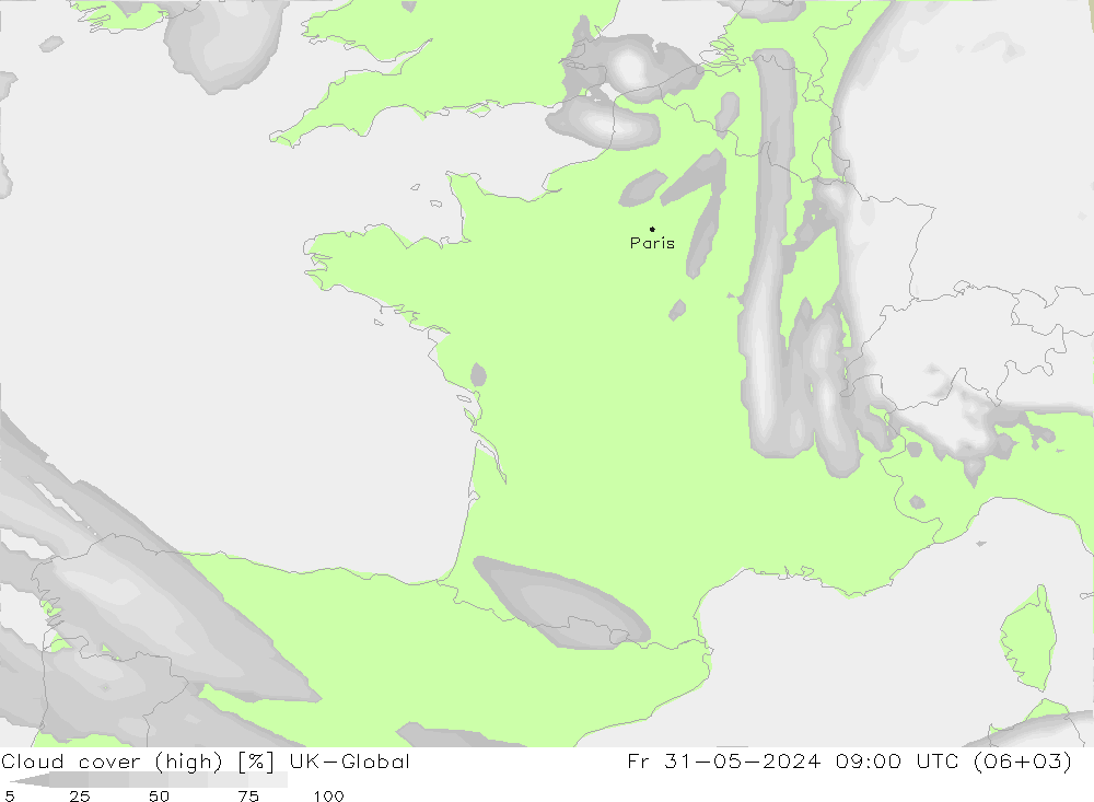 Cloud cover (high) UK-Global Fr 31.05.2024 09 UTC