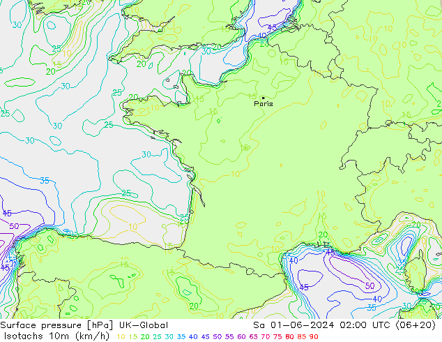 Isotachen (km/h) UK-Global Sa 01.06.2024 02 UTC