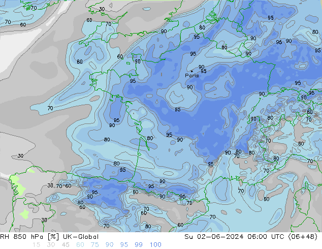 Humidité rel. 850 hPa UK-Global dim 02.06.2024 06 UTC