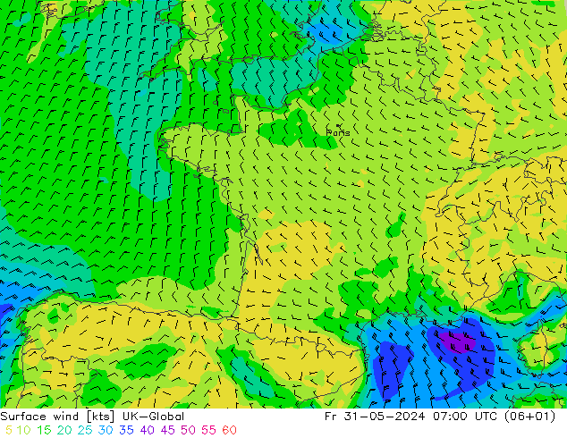 Vento 10 m UK-Global ven 31.05.2024 07 UTC