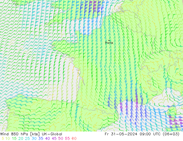 Vento 850 hPa UK-Global Sex 31.05.2024 09 UTC