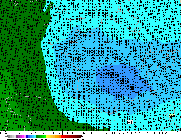 Yükseklik/Sıc. 500 hPa UK-Global Cts 01.06.2024 06 UTC