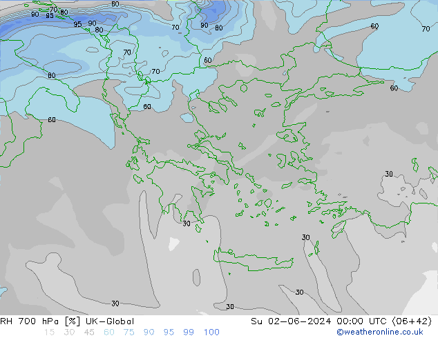 RH 700 hPa UK-Global Su 02.06.2024 00 UTC