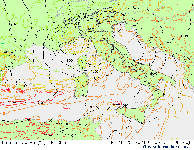 Theta-e 850hPa UK-Global Fr 31.05.2024 06 UTC