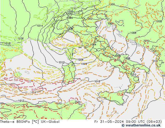 Theta-e 850hPa UK-Global vie 31.05.2024 09 UTC