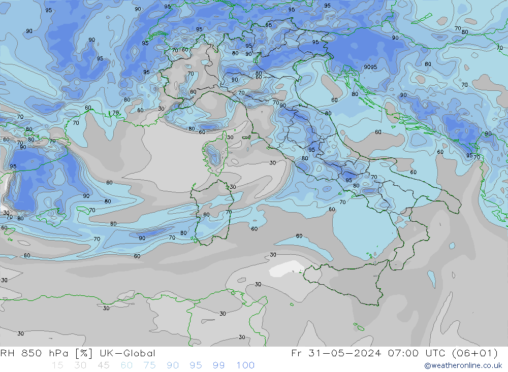 RH 850 hPa UK-Global pt. 31.05.2024 07 UTC