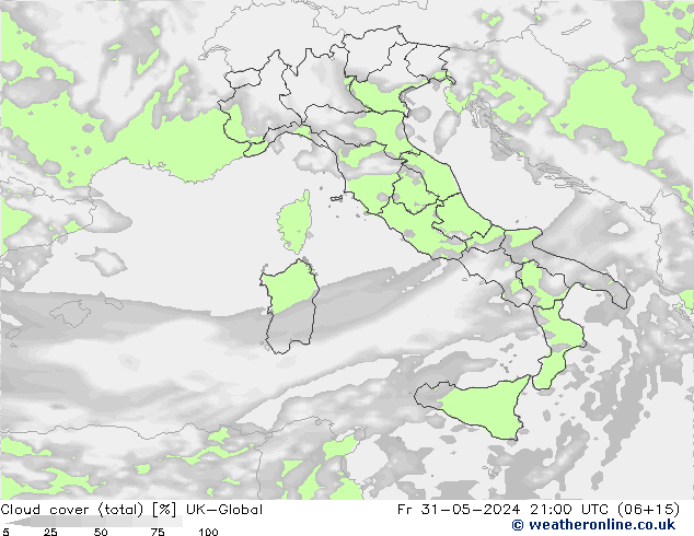 Bewolking (Totaal) UK-Global vr 31.05.2024 21 UTC