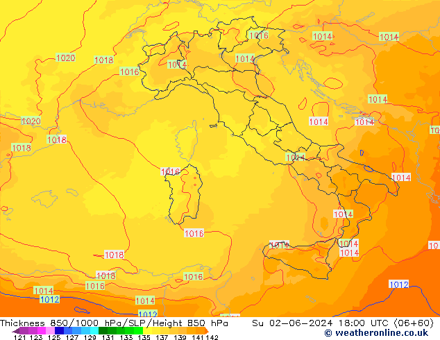 Dikte 850-1000 hPa UK-Global zo 02.06.2024 18 UTC