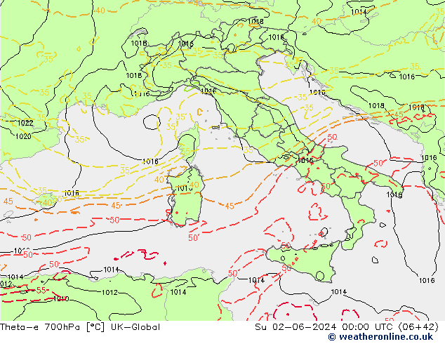 Theta-e 700hPa UK-Global Dom 02.06.2024 00 UTC
