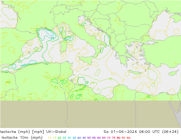 Izotacha (mph) UK-Global so. 01.06.2024 06 UTC
