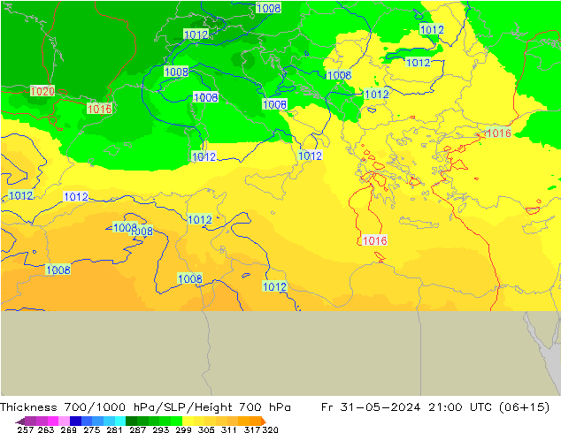 Thck 700-1000 hPa UK-Global Fr 31.05.2024 21 UTC