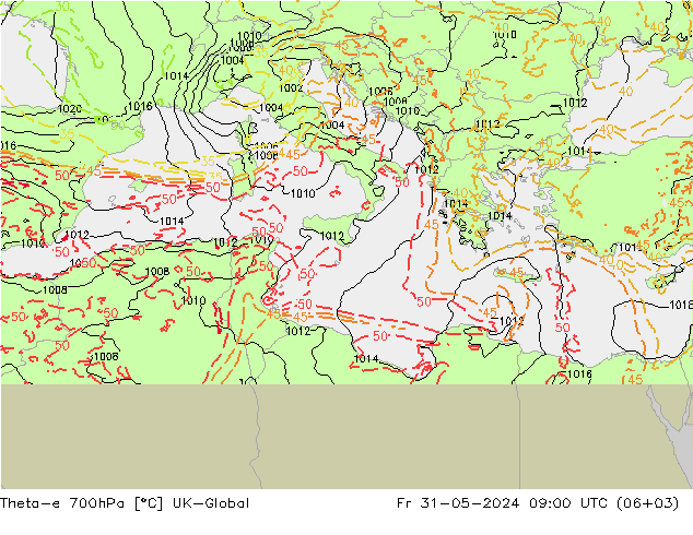 Theta-e 700hPa UK-Global Fr 31.05.2024 09 UTC
