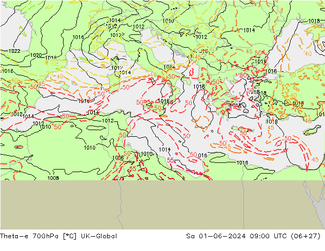 Theta-e 700hPa UK-Global Sáb 01.06.2024 09 UTC