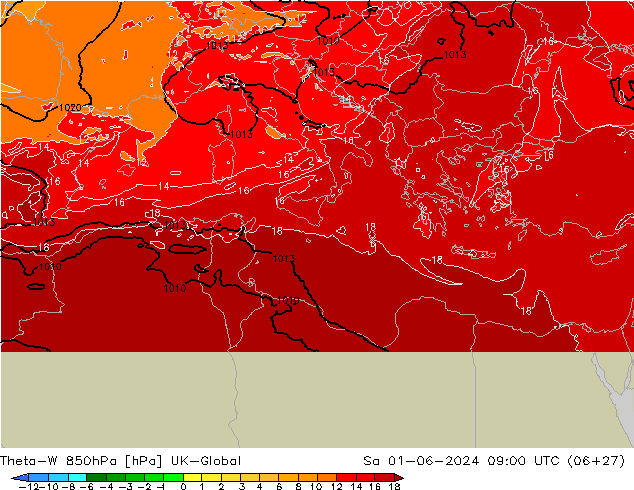 Theta-W 850hPa UK-Global Sáb 01.06.2024 09 UTC
