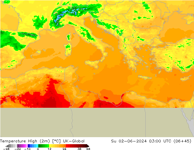 temperatura máx. (2m) UK-Global Dom 02.06.2024 03 UTC