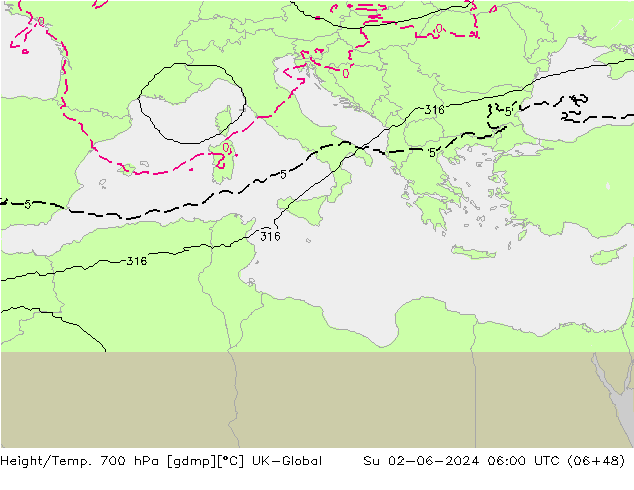 Height/Temp. 700 hPa UK-Global  02.06.2024 06 UTC