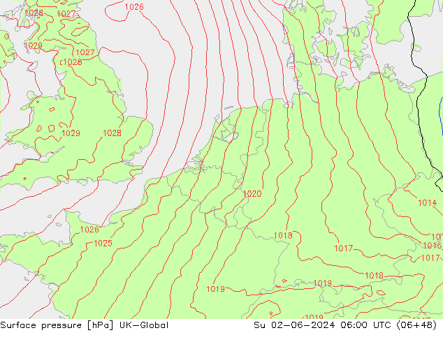 Pressione al suolo UK-Global dom 02.06.2024 06 UTC