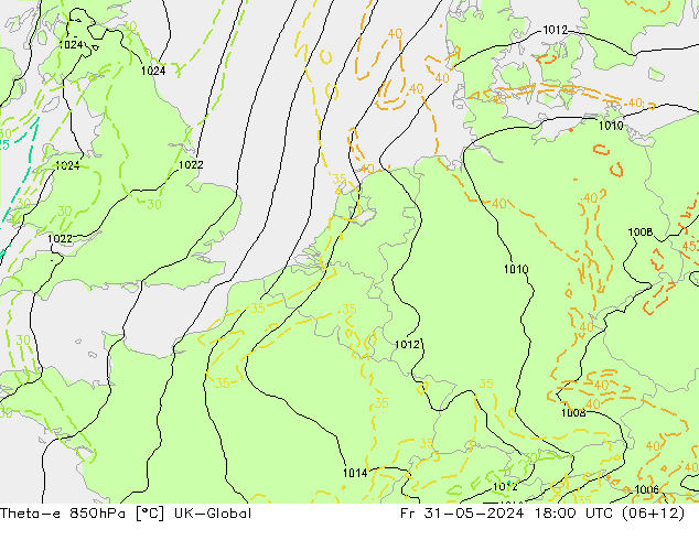 Theta-e 850hPa UK-Global vr 31.05.2024 18 UTC