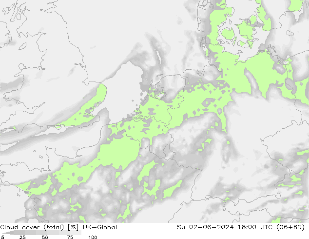 Cloud cover (total) UK-Global Su 02.06.2024 18 UTC