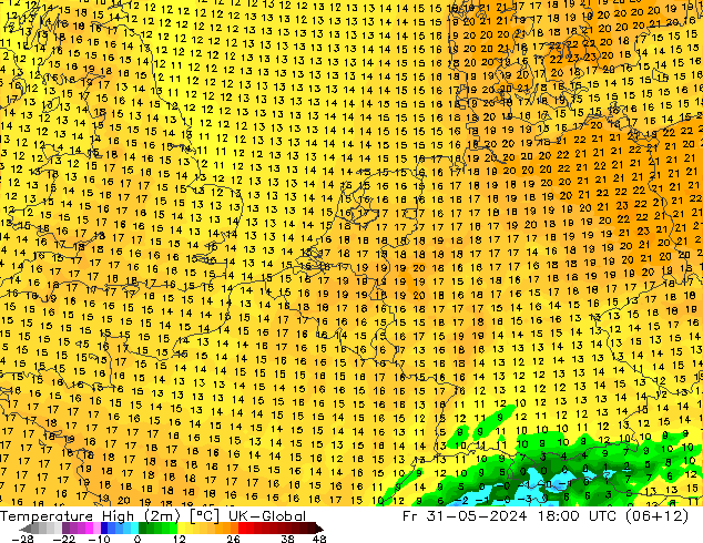 Temperature High (2m) UK-Global Fr 31.05.2024 18 UTC