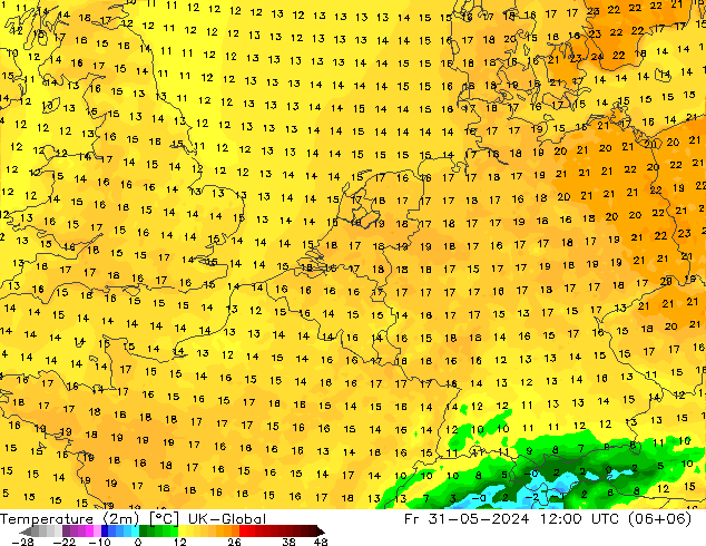 Temperaturkarte (2m) UK-Global Fr 31.05.2024 12 UTC