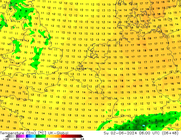 Temperatura (2m) UK-Global dom 02.06.2024 06 UTC