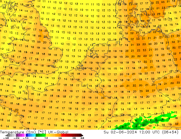 Temperatura (2m) UK-Global Dom 02.06.2024 12 UTC