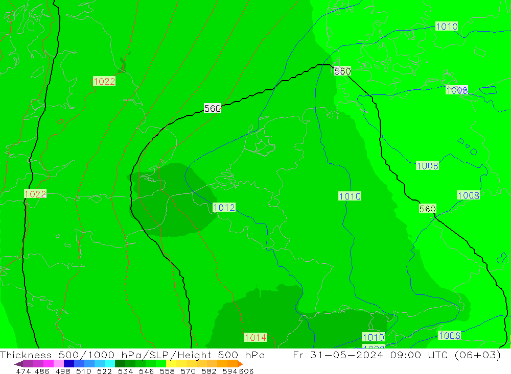 Thck 500-1000hPa UK-Global 星期五 31.05.2024 09 UTC