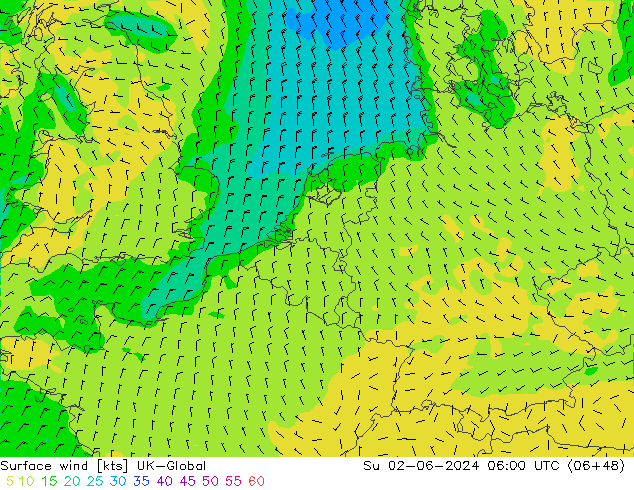 Vento 10 m UK-Global dom 02.06.2024 06 UTC