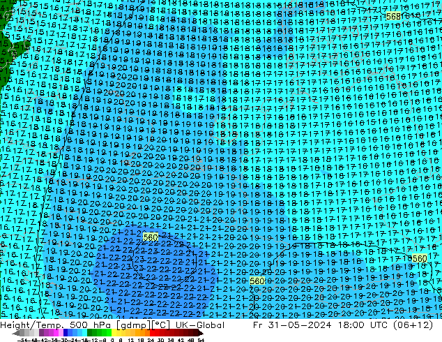 Height/Temp. 500 hPa UK-Global Fr 31.05.2024 18 UTC