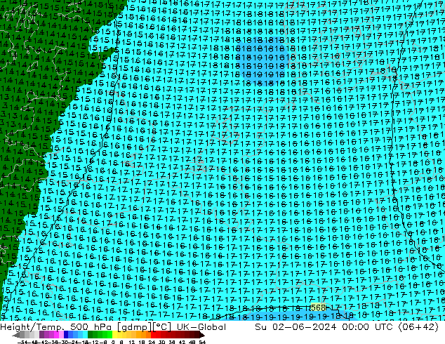 Yükseklik/Sıc. 500 hPa UK-Global Paz 02.06.2024 00 UTC