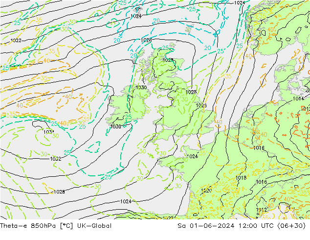 Theta-e 850hPa UK-Global Sa 01.06.2024 12 UTC