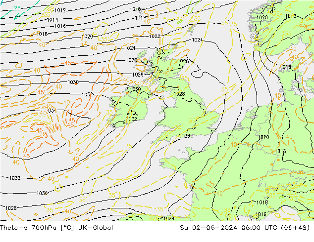 Theta-e 700hPa UK-Global dim 02.06.2024 06 UTC