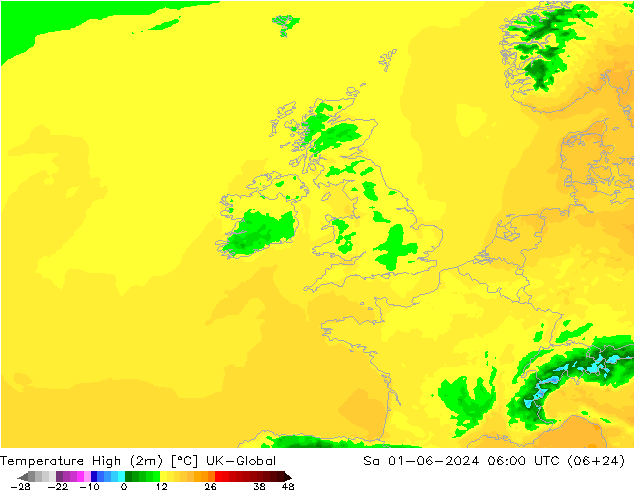 Nejvyšší teplota (2m) UK-Global So 01.06.2024 06 UTC